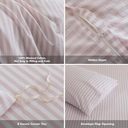 Striped Duvet Cover Set 100% Washed Cotton Linen Feel Twin