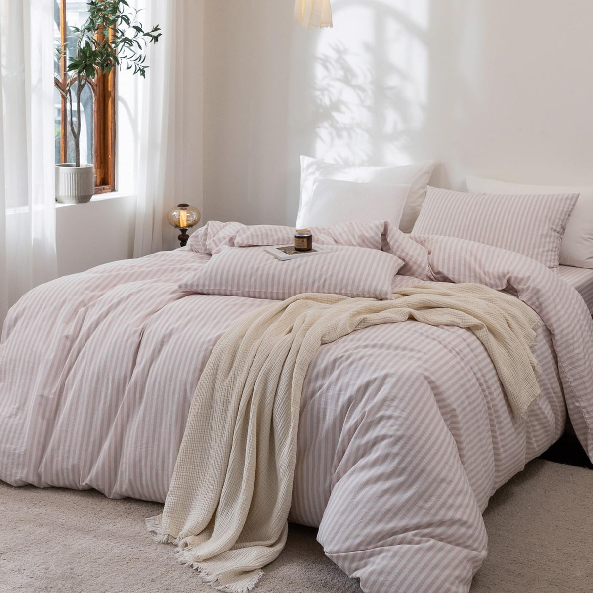 Striped Duvet Cover Set 100% Washed Cotton Linen Feel Twin