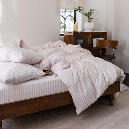 Striped Duvet Cover Set 100% Washed Cotton Linen Feel Twin