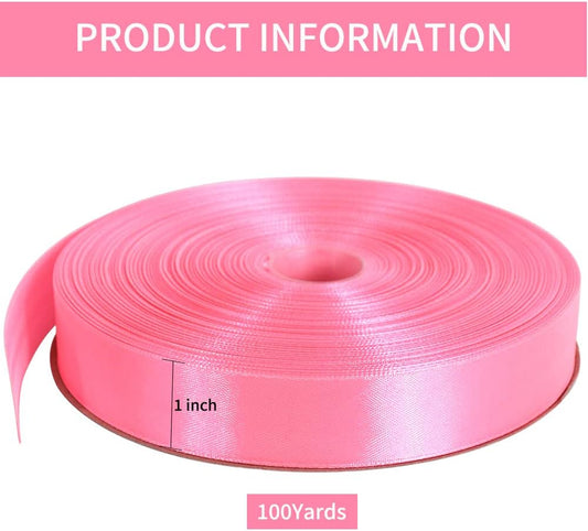 1 Inch x 100yds Pink Satin Ribbon, Thin Solid Color Satin Ribbon for Gift Wrapping, Crafts, Hair Bows Making, Wedding Party Decoration, Invitation Cards, Floral Bouquets, Christmas