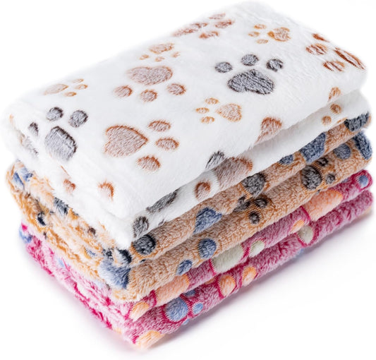 1 Pack 3 Blankets Super Soft Fluffy Premium Fleece Pet Blanket Flannel Paw Printed Throw for Dog Puppy Cat (Medium 30x20'', Brown, Pink, White)
