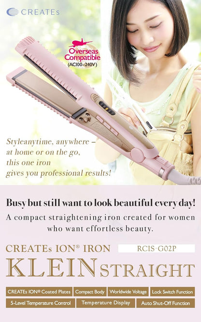 Creates ION Hair Straightener Flat Iron – Klein Straight Pink Lightweight Travel-Friendly Dual Voltage Cute & Stylish Portable Straightening Iron for Smooth Shiny Hair RCIS-G02P