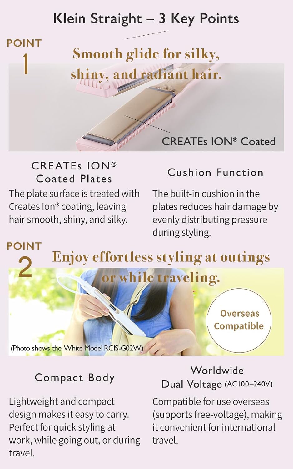 Creates ION Hair Straightener Flat Iron – Klein Straight Pink Lightweight Travel-Friendly Dual Voltage Cute & Stylish Portable Straightening Iron for Smooth Shiny Hair RCIS-G02P