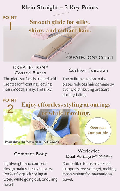 Creates ION Hair Straightener Flat Iron – Klein Straight Pink Lightweight Travel-Friendly Dual Voltage Cute & Stylish Portable Straightening Iron for Smooth Shiny Hair RCIS-G02P