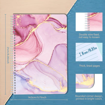 Lined Spiral Journal Notebook,100 Pages,5.71x 8.26 inches College Ruled Paper Double-Wire Spiral Notebook for Study and Notes - Pink Marble Pattern