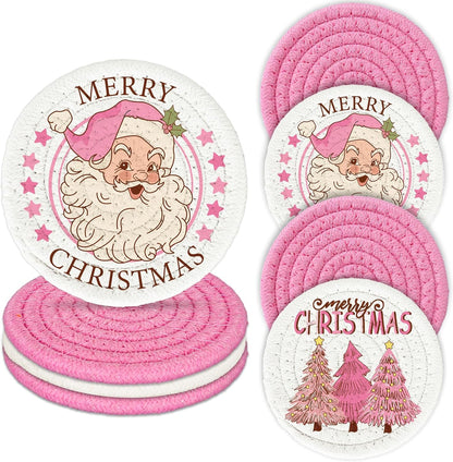 Winter Handmade Braided Cotton Coasters Merry Christmas Pink Santa Xmas Tree Absorbent Drink Coasters for Table Protection Gifts Home Party Decor, Set of 4
