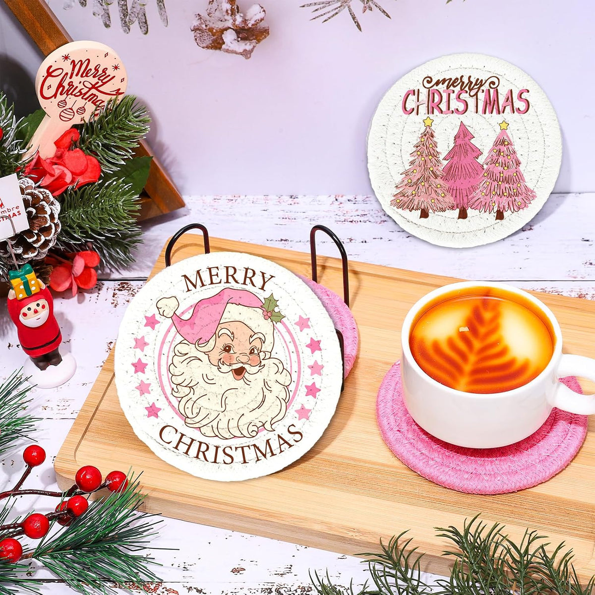 Winter Handmade Braided Cotton Coasters Merry Christmas Pink Santa Xmas Tree Absorbent Drink Coasters for Table Protection Gifts Home Party Decor, Set of 4