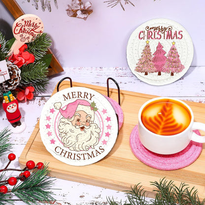 Winter Handmade Braided Cotton Coasters Merry Christmas Pink Santa Xmas Tree Absorbent Drink Coasters for Table Protection Gifts Home Party Decor, Set of 4
