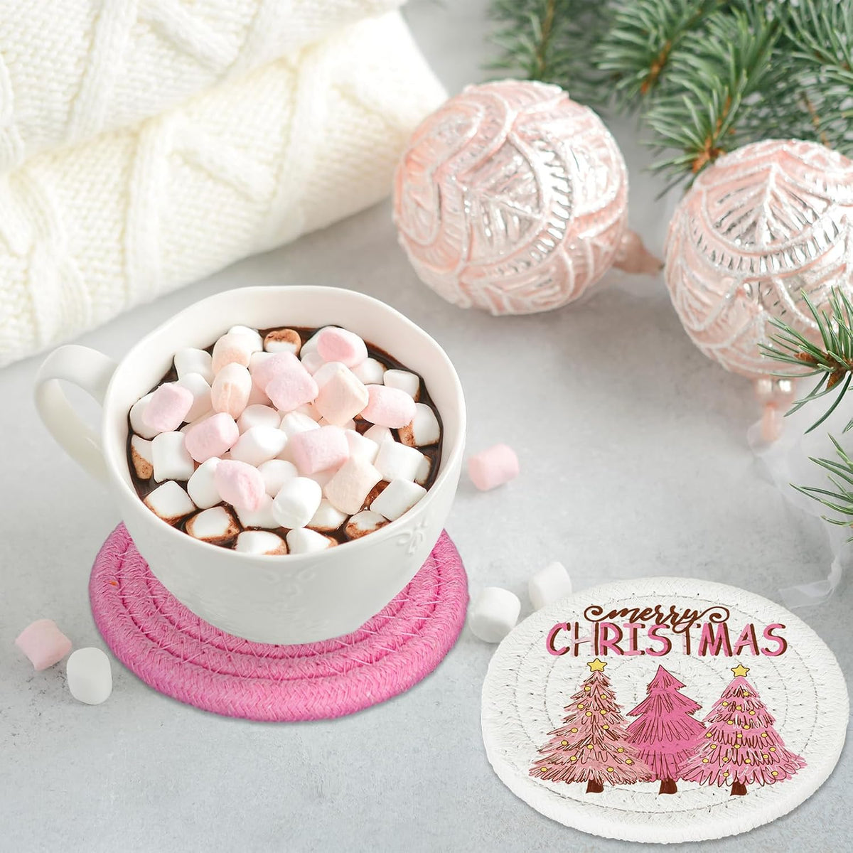 Winter Handmade Braided Cotton Coasters Merry Christmas Pink Santa Xmas Tree Absorbent Drink Coasters for Table Protection Gifts Home Party Decor, Set of 4