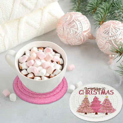 Winter Handmade Braided Cotton Coasters Merry Christmas Pink Santa Xmas Tree Absorbent Drink Coasters for Table Protection Gifts Home Party Decor, Set of 4
