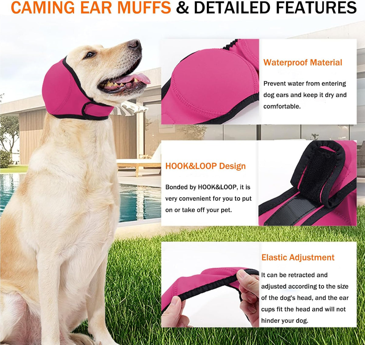 Swimming Waterproof Dog Ear Muffs,Calming Dog Ears Cover, Pink, L
