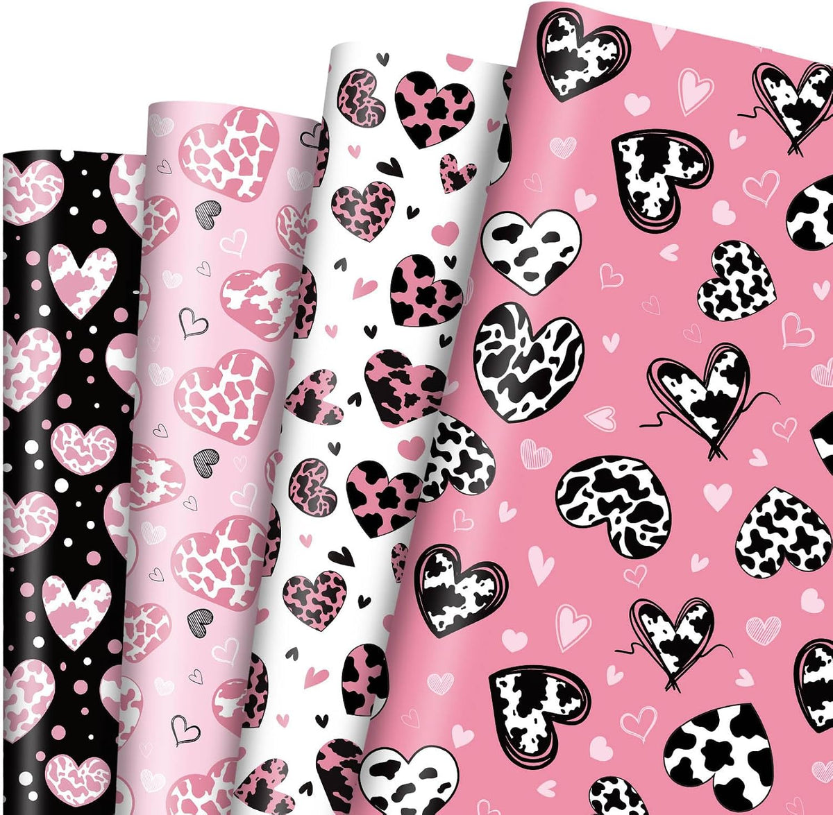 12 Sheets Cow Heart Wrapping Paper, Pink Black Heart Gift Wrap Gift Packing Paper for Cowgirl Themed Farm Animal Party Birthday Wedding Girls Women, 20 x 28 Inch