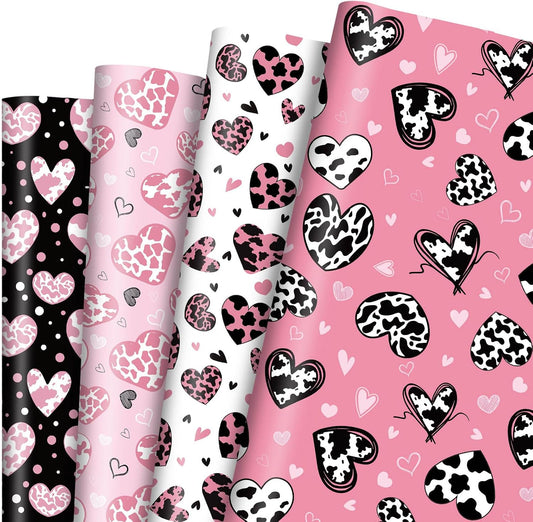 12 Sheets Cow Heart Wrapping Paper, Pink Black Heart Gift Wrap Gift Packing Paper for Cowgirl Themed Farm Animal Party Birthday Wedding Girls Women, 20 x 28 Inch