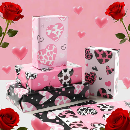 12 Sheets Cow Heart Wrapping Paper, Pink Black Heart Gift Wrap Gift Packing Paper for Cowgirl Themed Farm Animal Party Birthday Wedding Girls Women, 20 x 28 Inch