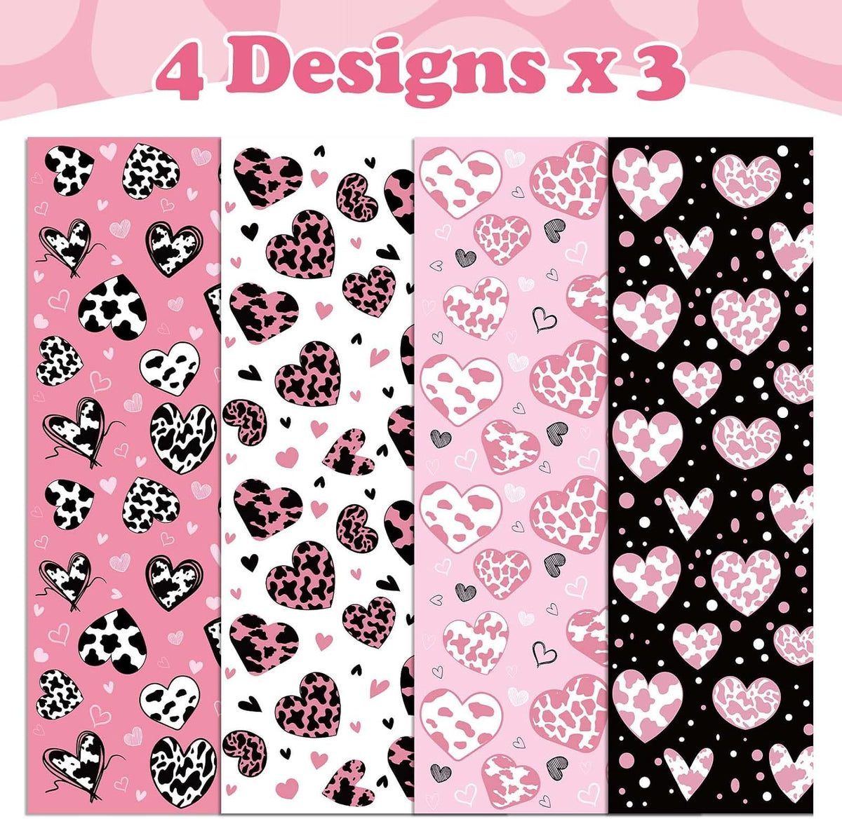 12 Sheets Cow Heart Wrapping Paper, Pink Black Heart Gift Wrap Gift Packing Paper for Cowgirl Themed Farm Animal Party Birthday Wedding Girls Women, 20 x 28 Inch