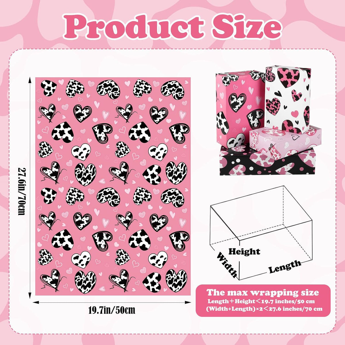 12 Sheets Cow Heart Wrapping Paper, Pink Black Heart Gift Wrap Gift Packing Paper for Cowgirl Themed Farm Animal Party Birthday Wedding Girls Women, 20 x 28 Inch