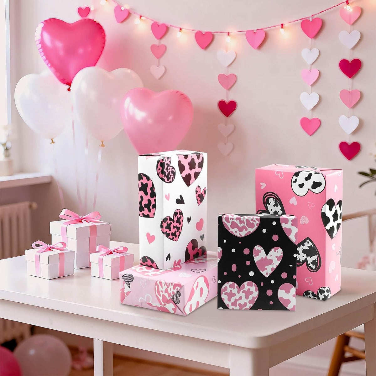 12 Sheets Cow Heart Wrapping Paper, Pink Black Heart Gift Wrap Gift Packing Paper for Cowgirl Themed Farm Animal Party Birthday Wedding Girls Women, 20 x 28 Inch