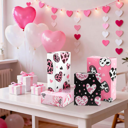 12 Sheets Cow Heart Wrapping Paper, Pink Black Heart Gift Wrap Gift Packing Paper for Cowgirl Themed Farm Animal Party Birthday Wedding Girls Women, 20 x 28 Inch