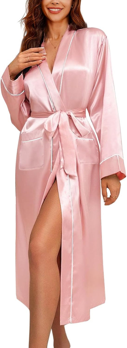 Satin Robes for Women Long Sleeve Silk Bathrobe Soft Lightweight Full Length Sleepwear Bridesmaid Wedding Party Robes