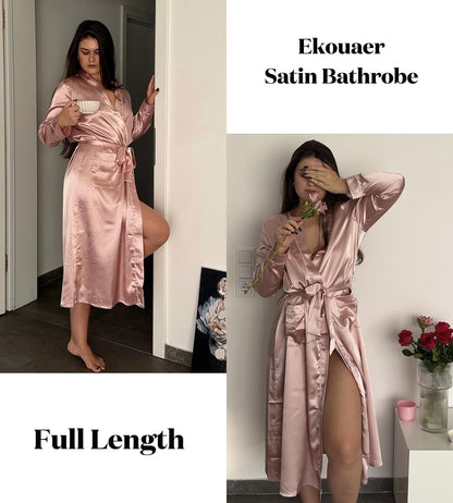 Satin Robes for Women Long Sleeve Silk Bathrobe Soft Lightweight Full Length Sleepwear Bridesmaid Wedding Party Robes