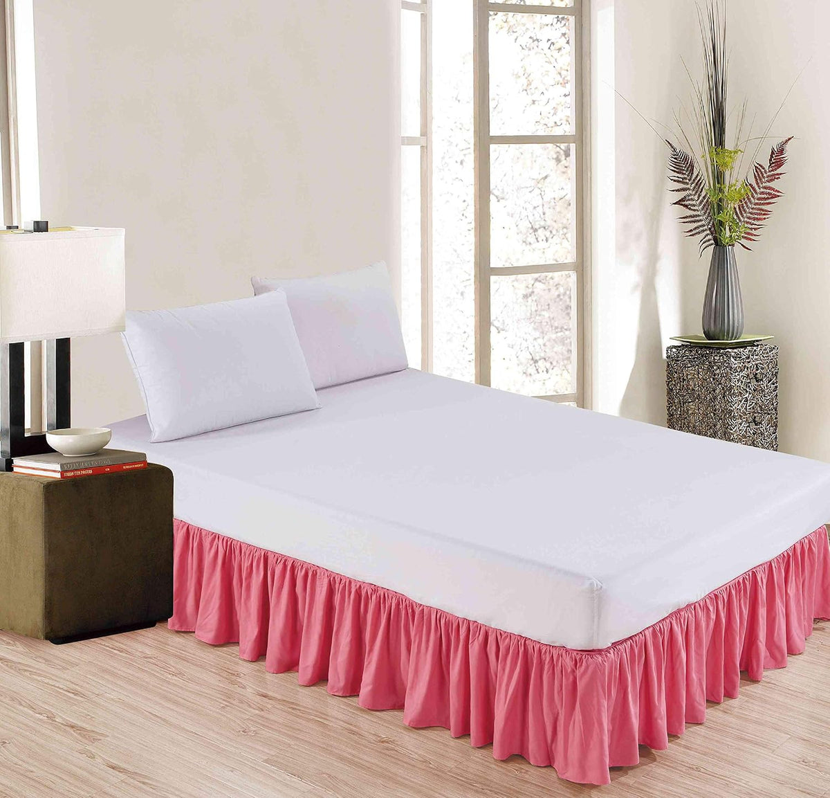 Sheets & Beyond Wrap Around Solid Microfiber Luxury Hotel Quality Fabric Bedroom Gathered Ruffled Bedding Bed Skirt 14 Inch Drop (King, Pink)