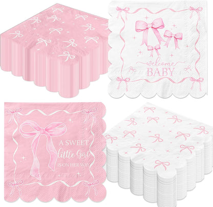 50Pcs Pink Bow Baby Shower Napkins,A Sweet Little Girl is on Her Way Party Decorations Coquette Bow Birthday Party Napkins for Sweet Baby Girl Baby Shower,Pink Bow Birthday Party Decor