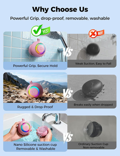 Bluetooth Shower Speaker IPX7 Waterproof: Removable Suction Cup, Pink