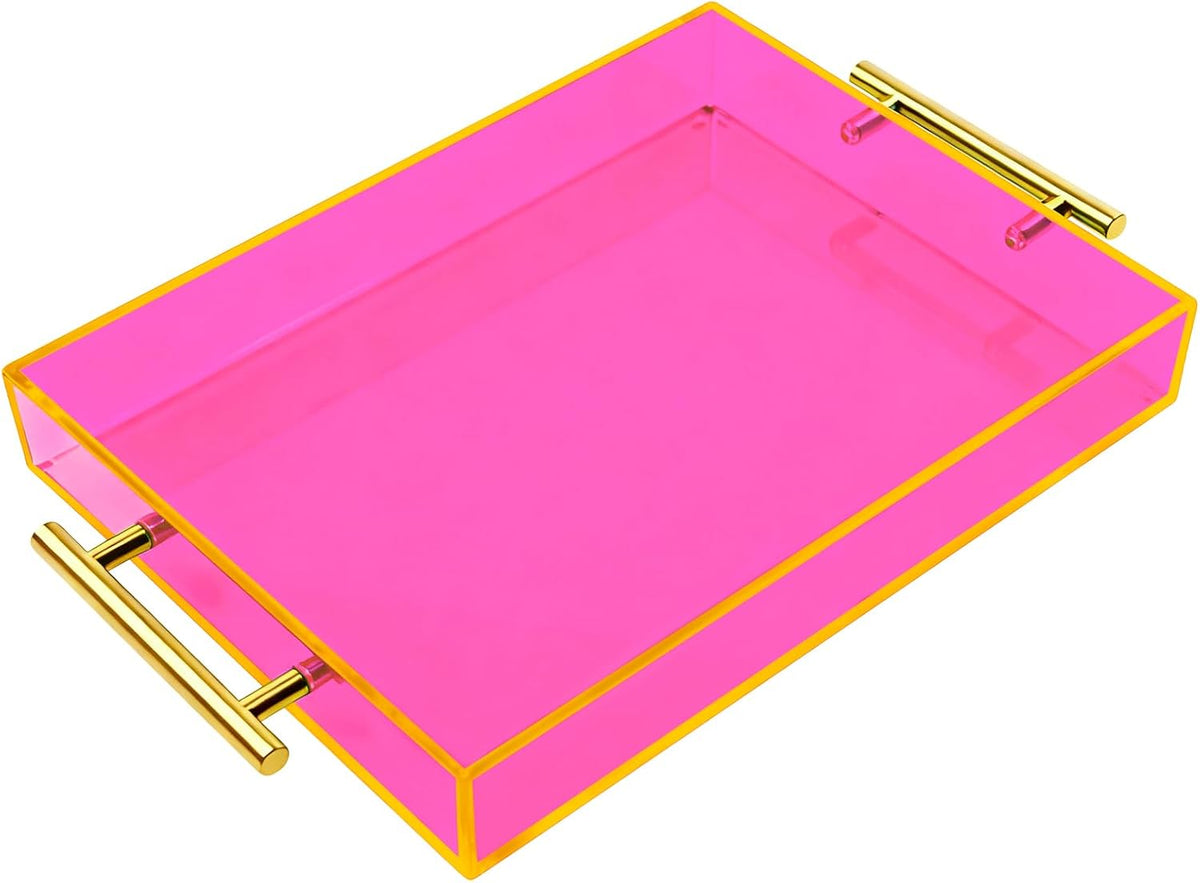 Acrylic Serving Tray with Handles Large Ottoman Food Decorative Tray for Coffee Table Tea Fruit Snack Kitchen Bar Platter, 17x13’’, Neon Pink