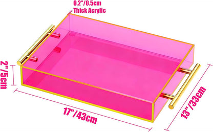 Acrylic Serving Tray with Handles Large Ottoman Food Decorative Tray for Coffee Table Tea Fruit Snack Kitchen Bar Platter, 17x13’’, Neon Pink