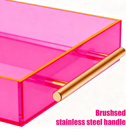 Acrylic Serving Tray with Handles Large Ottoman Food Decorative Tray for Coffee Table Tea Fruit Snack Kitchen Bar Platter, 17x13’’, Neon Pink