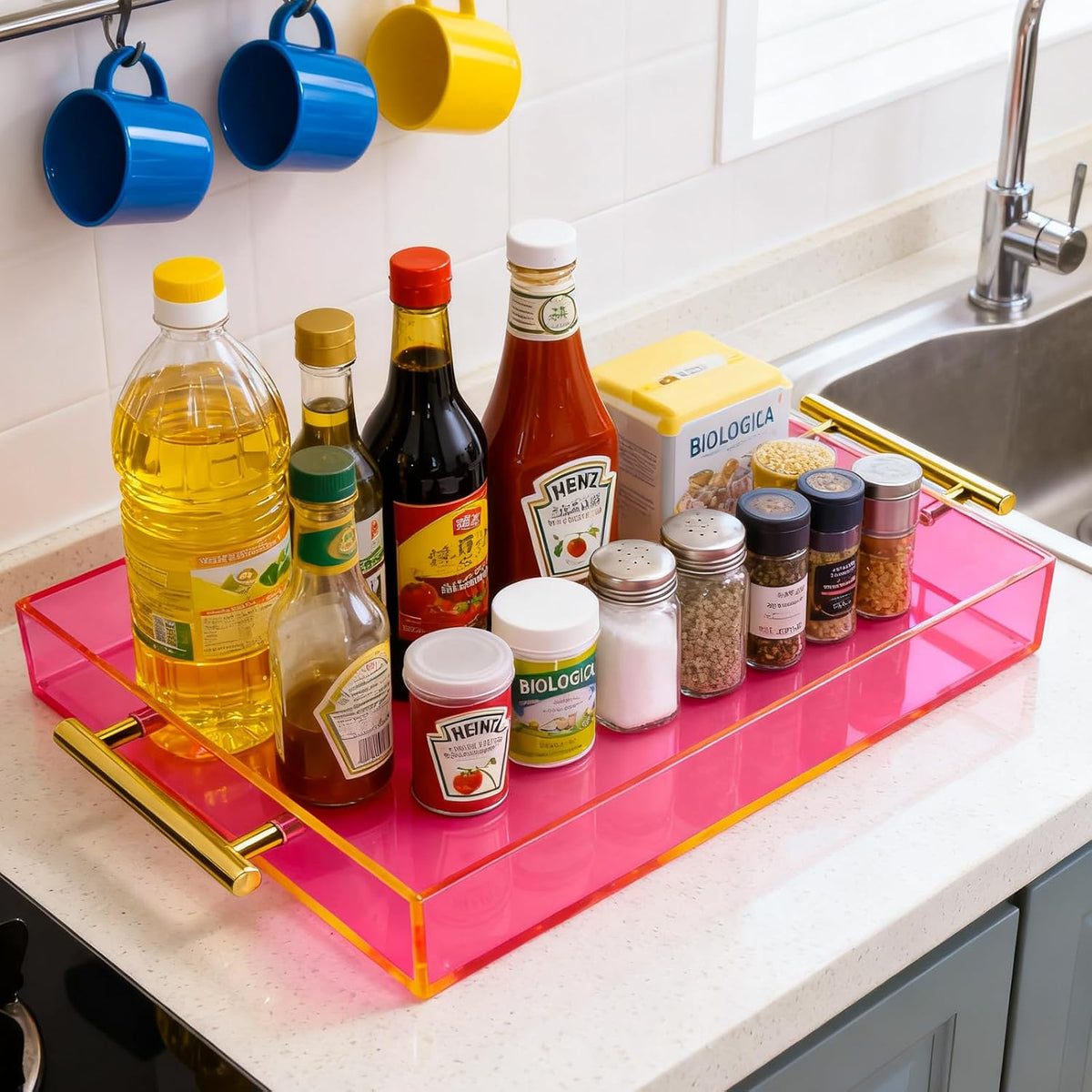 Acrylic Serving Tray with Handles Large Ottoman Food Decorative Tray for Coffee Table Tea Fruit Snack Kitchen Bar Platter, 17x13’’, Neon Pink