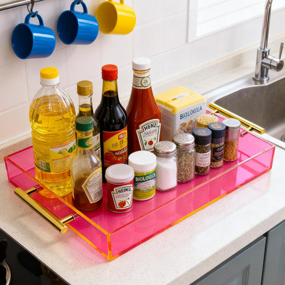 Acrylic Serving Tray with Handles Large Ottoman Food Decorative Tray for Coffee Table Tea Fruit Snack Kitchen Bar Platter, 17x13’’, Neon Pink