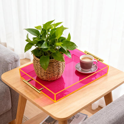 Acrylic Serving Tray with Handles Large Ottoman Food Decorative Tray for Coffee Table Tea Fruit Snack Kitchen Bar Platter, 17x13’’, Neon Pink