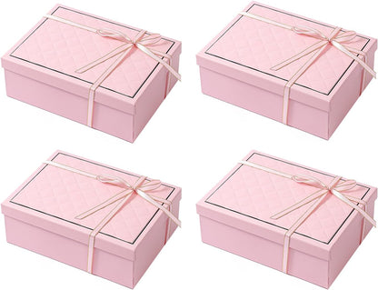 kaxilu Pink Gift Box Luxury With Lid & Ribbon, Foldable Gift Boxes 4 Pack 9.8x7x3.3Inches - Elegant Wedding & Birthday Packaging Gifts Box