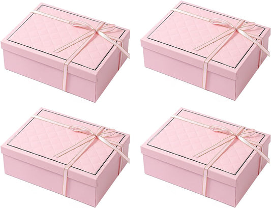 kaxilu Pink Gift Box Luxury With Lid & Ribbon, Foldable Gift Boxes 4 Pack 9.8x7x3.3Inches - Elegant Wedding & Birthday Packaging Gifts Box