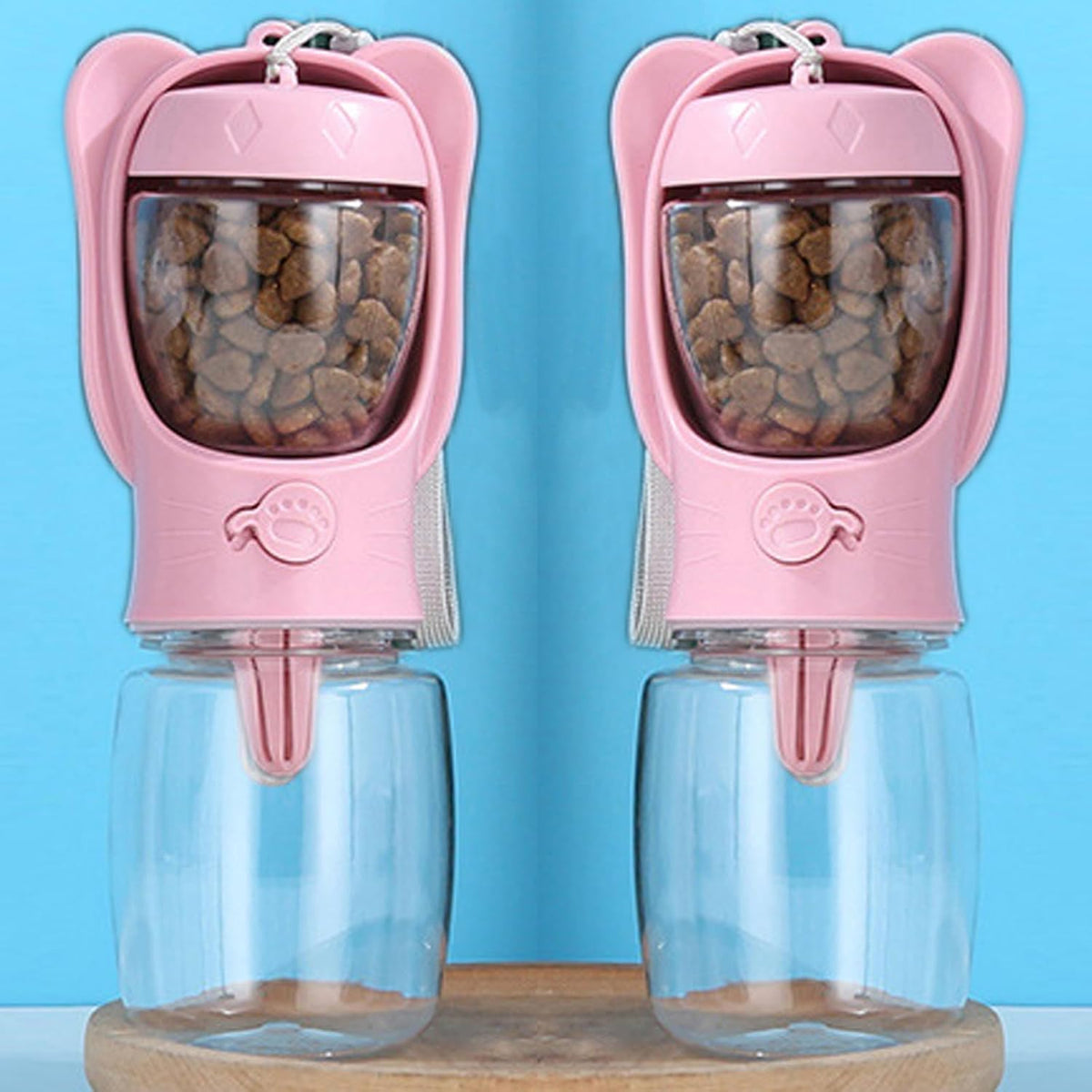 Pet Cat Puppy Dog Travel Water Bottle Dispenser with Food Container, Portable Dog Water Bottle for Walking Hiking Outdoor, Pink, 350ml/12oz