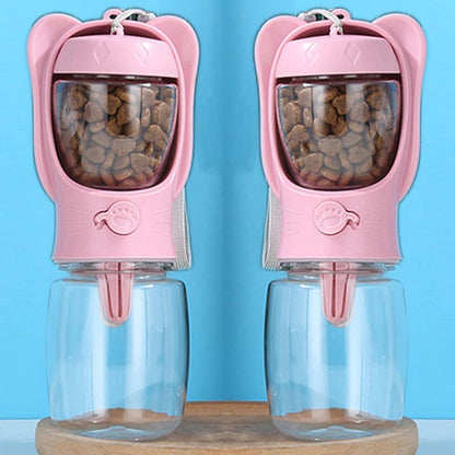 Pet Cat Puppy Dog Travel Water Bottle Dispenser with Food Container, Portable Dog Water Bottle for Walking Hiking Outdoor, Pink, 350ml/12oz