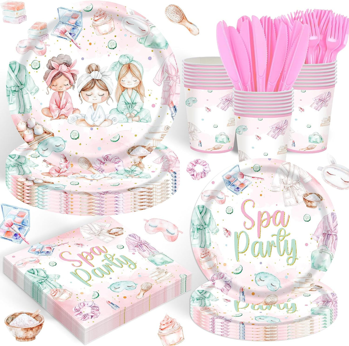 120PCS Spa Party Supplies Pink Makeup Themed Birthday Party Decorations for Girls Child Kids Slumber Sleepover Pajama Tableware Set Plates Napkins Cups Forks Knives for 20 Guests