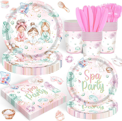 120PCS Spa Party Supplies Pink Makeup Themed Birthday Party Decorations for Girls Child Kids Slumber Sleepover Pajama Tableware Set Plates Napkins Cups Forks Knives for 20 Guests