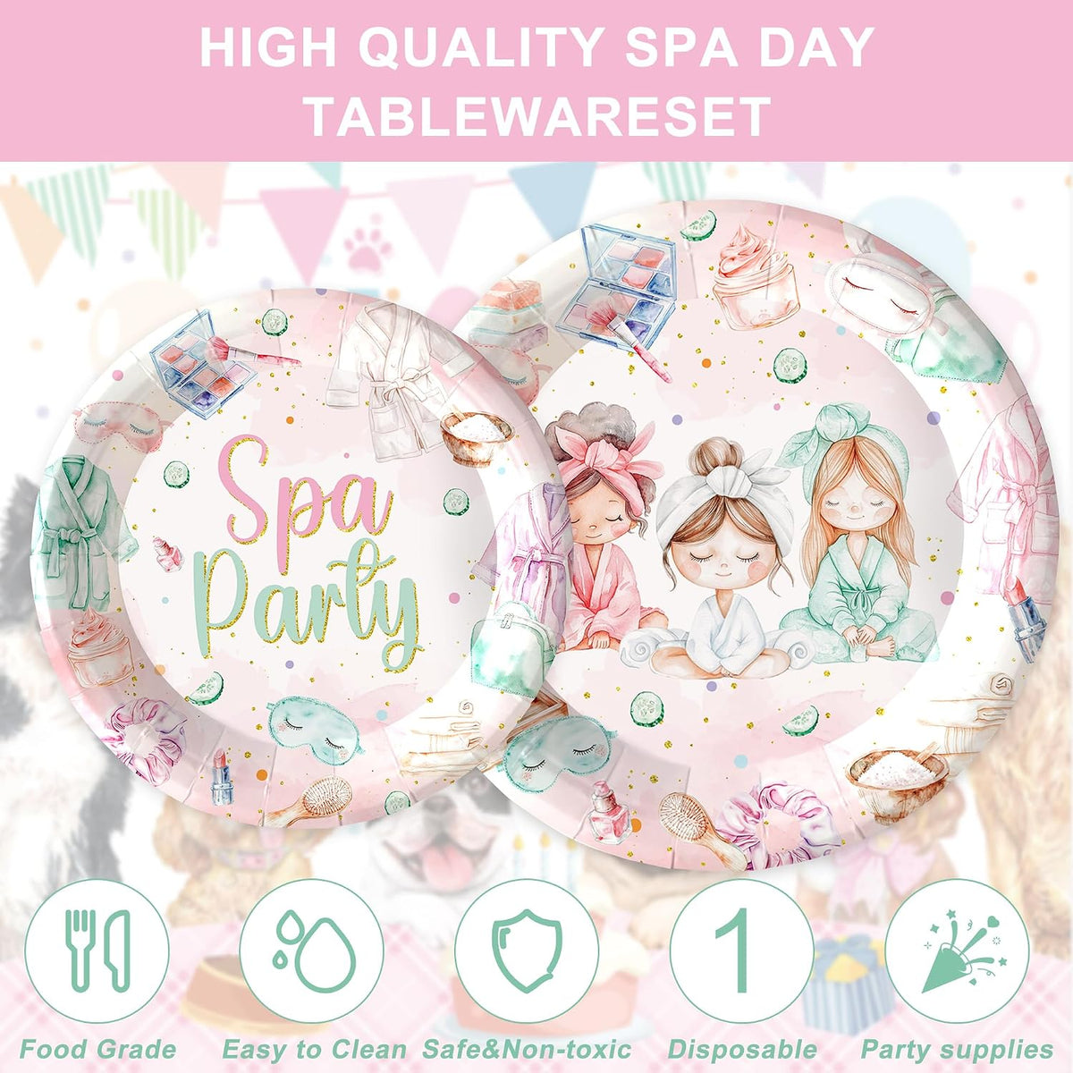 120PCS Spa Party Supplies Pink Makeup Themed Birthday Party Decorations for Girls Child Kids Slumber Sleepover Pajama Tableware Set Plates Napkins Cups Forks Knives for 20 Guests