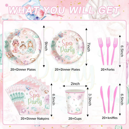 120PCS Spa Party Supplies Pink Makeup Themed Birthday Party Decorations for Girls Child Kids Slumber Sleepover Pajama Tableware Set Plates Napkins Cups Forks Knives for 20 Guests