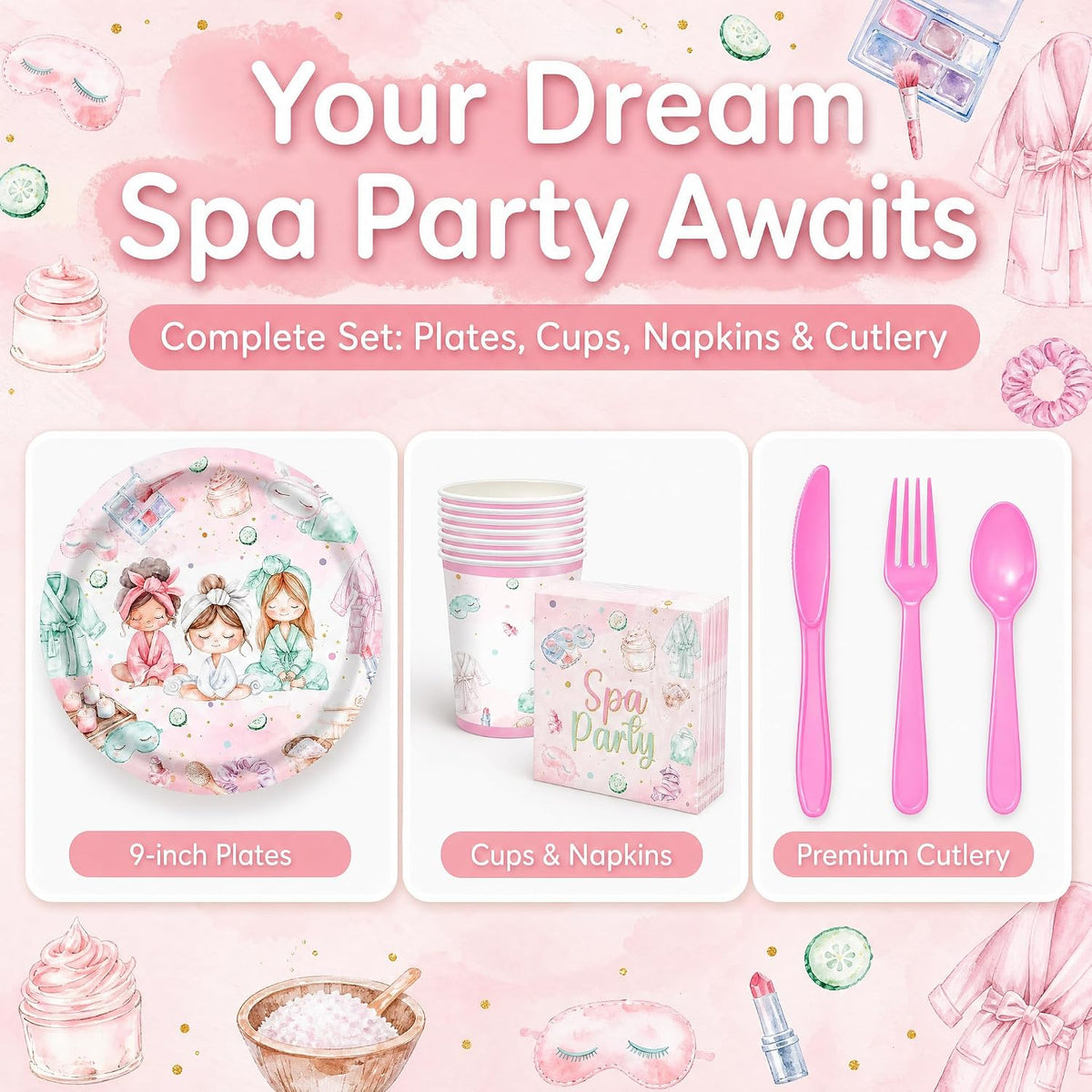 120PCS Spa Party Supplies Pink Makeup Themed Birthday Party Decorations for Girls Child Kids Slumber Sleepover Pajama Tableware Set Plates Napkins Cups Forks Knives for 20 Guests