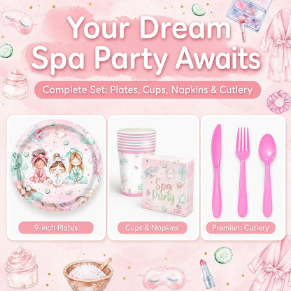 120PCS Spa Party Supplies Pink Makeup Themed Birthday Party Decorations for Girls Child Kids Slumber Sleepover Pajama Tableware Set Plates Napkins Cups Forks Knives for 20 Guests