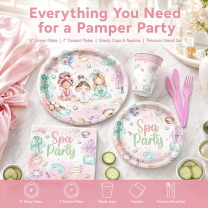 120PCS Spa Party Supplies Pink Makeup Themed Birthday Party Decorations for Girls Child Kids Slumber Sleepover Pajama Tableware Set Plates Napkins Cups Forks Knives for 20 Guests
