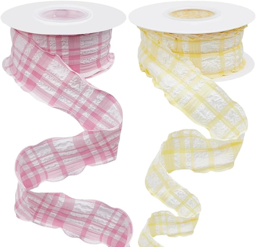 20 Yards 1.5 Inch Pink Yellow Gingham Plaid Ribbon for Sewing