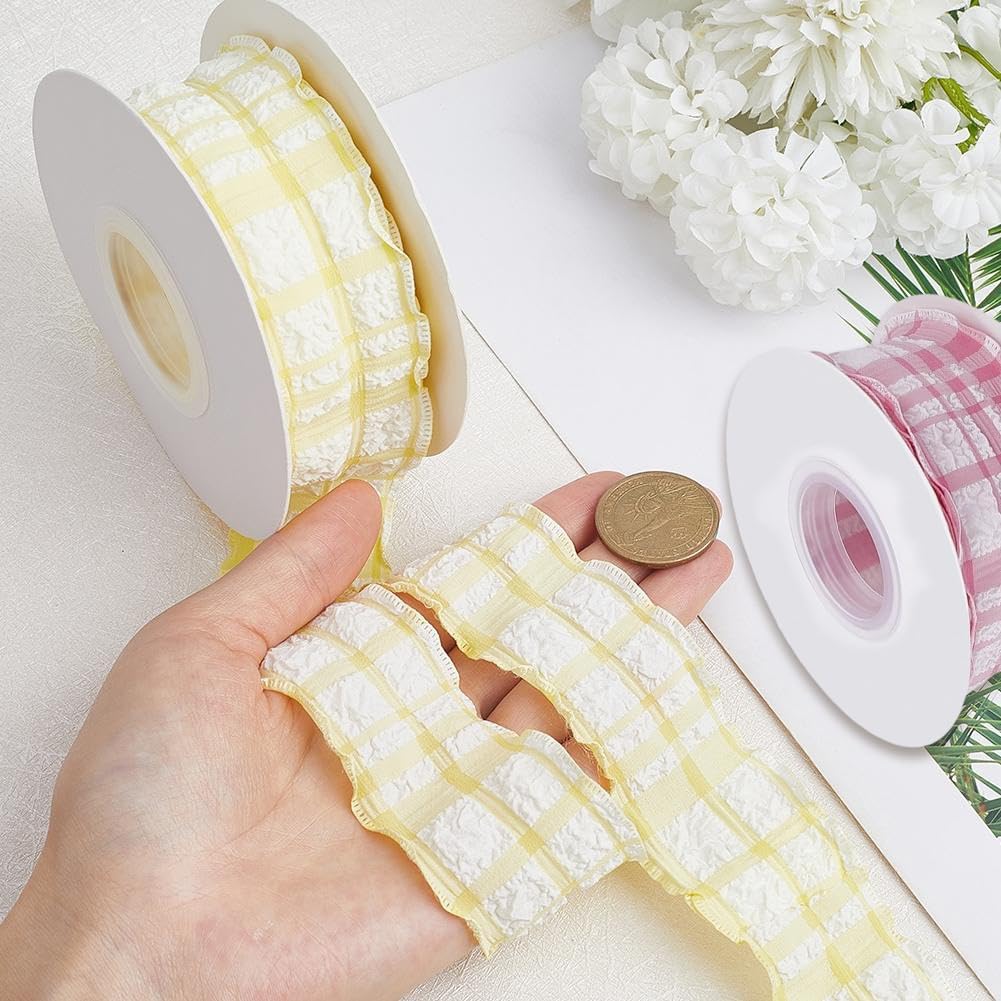 20 Yards 1.5 Inch Pink Yellow Gingham Plaid Ribbon for Sewing