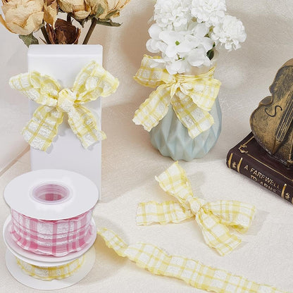 20 Yards 1.5 Inch Pink Yellow Gingham Plaid Ribbon for Sewing