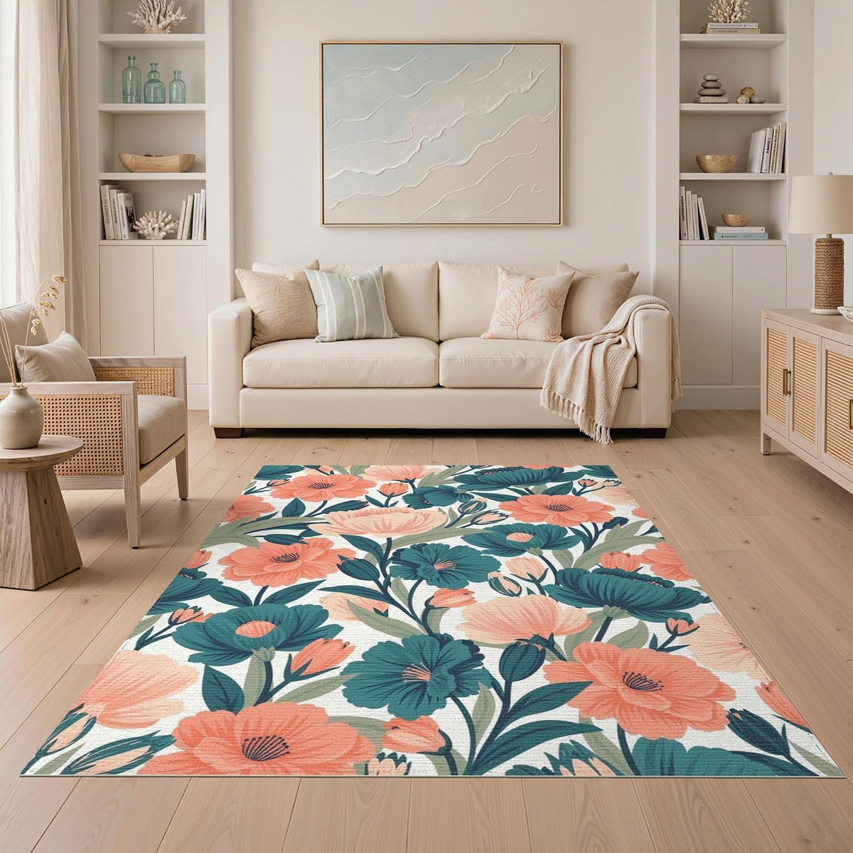 5'x7' Washable Flatwoven Rug, Peach Contemporary Botanical Stain Resistant Area Rug Non-Slip Low Profile Floor Covering for Guest Room, Lounge, Apartment | Ref:2157510