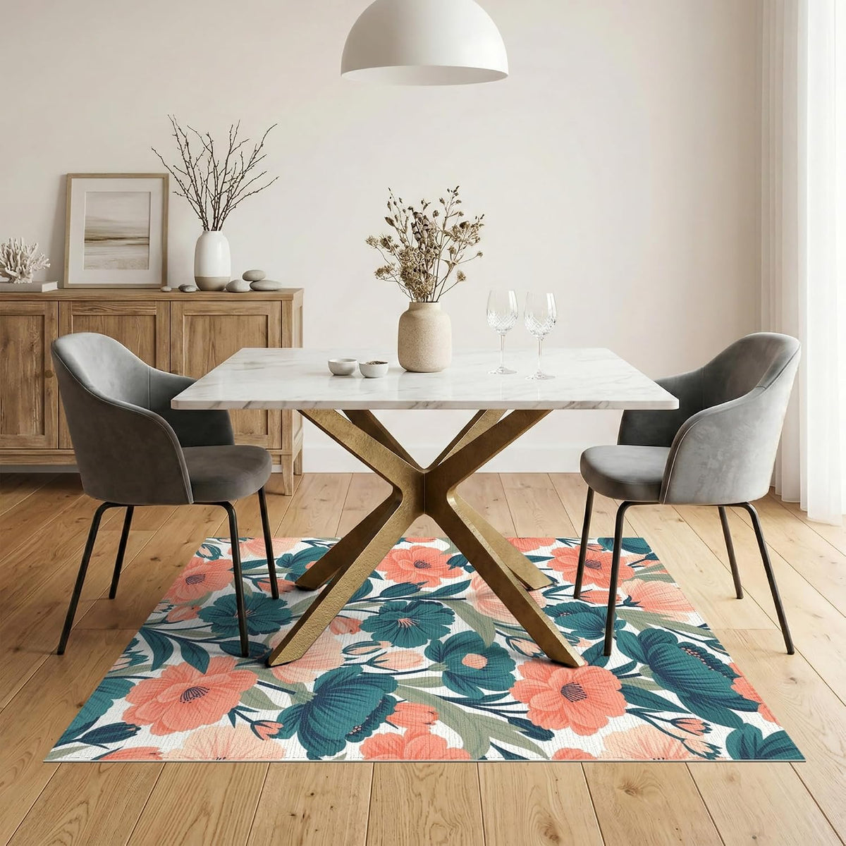 5'x7' Washable Flatwoven Rug, Peach Contemporary Botanical Stain Resistant Area Rug Non-Slip Low Profile Floor Covering for Guest Room, Lounge, Apartment | Ref:2157510