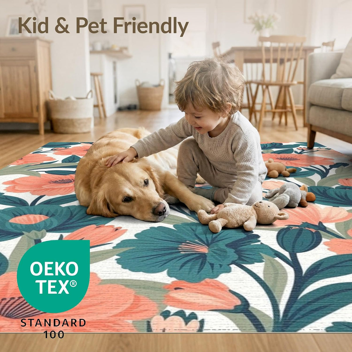 5'x7' Washable Flatwoven Rug, Peach Contemporary Botanical Stain Resistant Area Rug Non-Slip Low Profile Floor Covering for Guest Room, Lounge, Apartment | Ref:2157510
